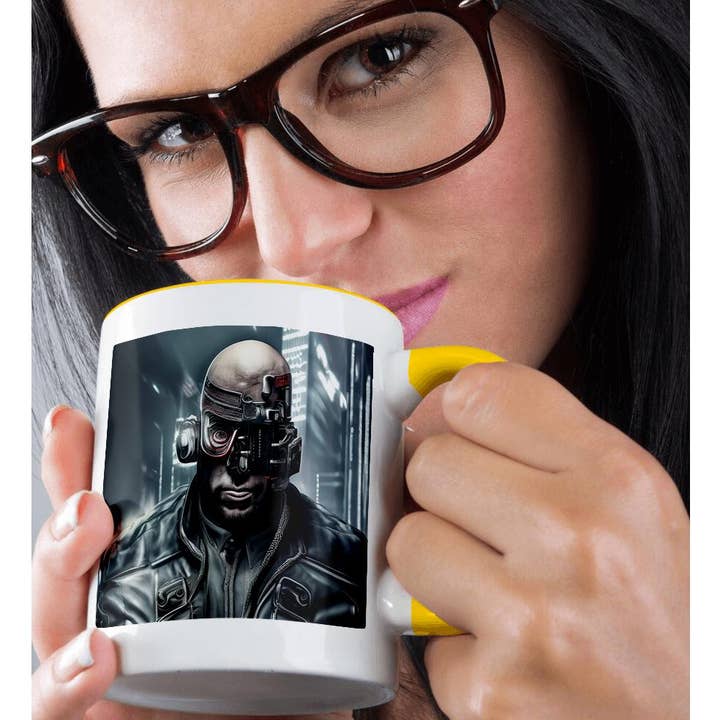 3dRose - Wholesale Coffee Mug - 3dRose, Bold man cyberpunk cyborg. Head gadgets, leather jacket, night city, Mug1