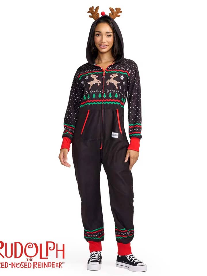 Rudolph Fair Isle Jumpsuit - Women's Holiday Reindeer Onesie for wholesale by Tipsy Elves