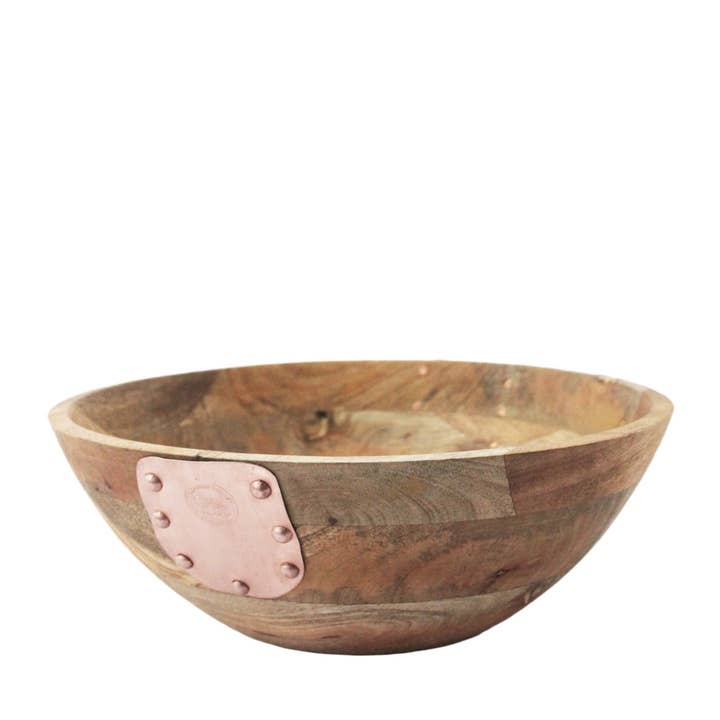 Vintage Inspired Wooden Serving Bowl with Copper Details for wholesale by Coppermill Kitchen LLC
