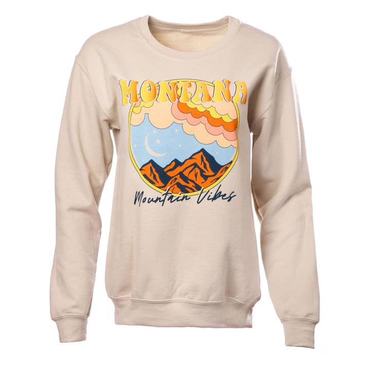 The Montana Way - Wholesale Graphic Sweatshirt - Women's - Mountain Vibes Crew in Sand