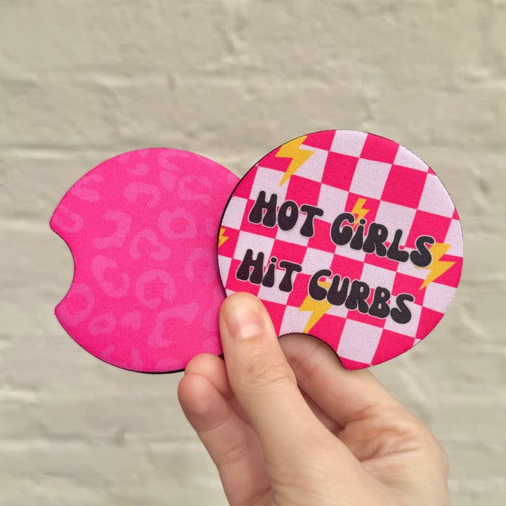 Hot Girls Hit Curbs Pink Leopard Neoprene Car Coasters for wholesale by XO Wholesale