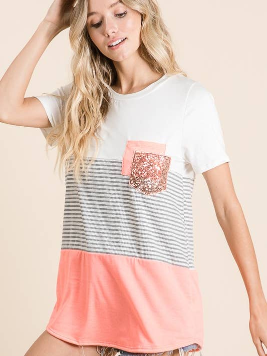 LMT1581-S-Crew Love Colorblock Crew-neck T Shirt for wholesale by lovely melody