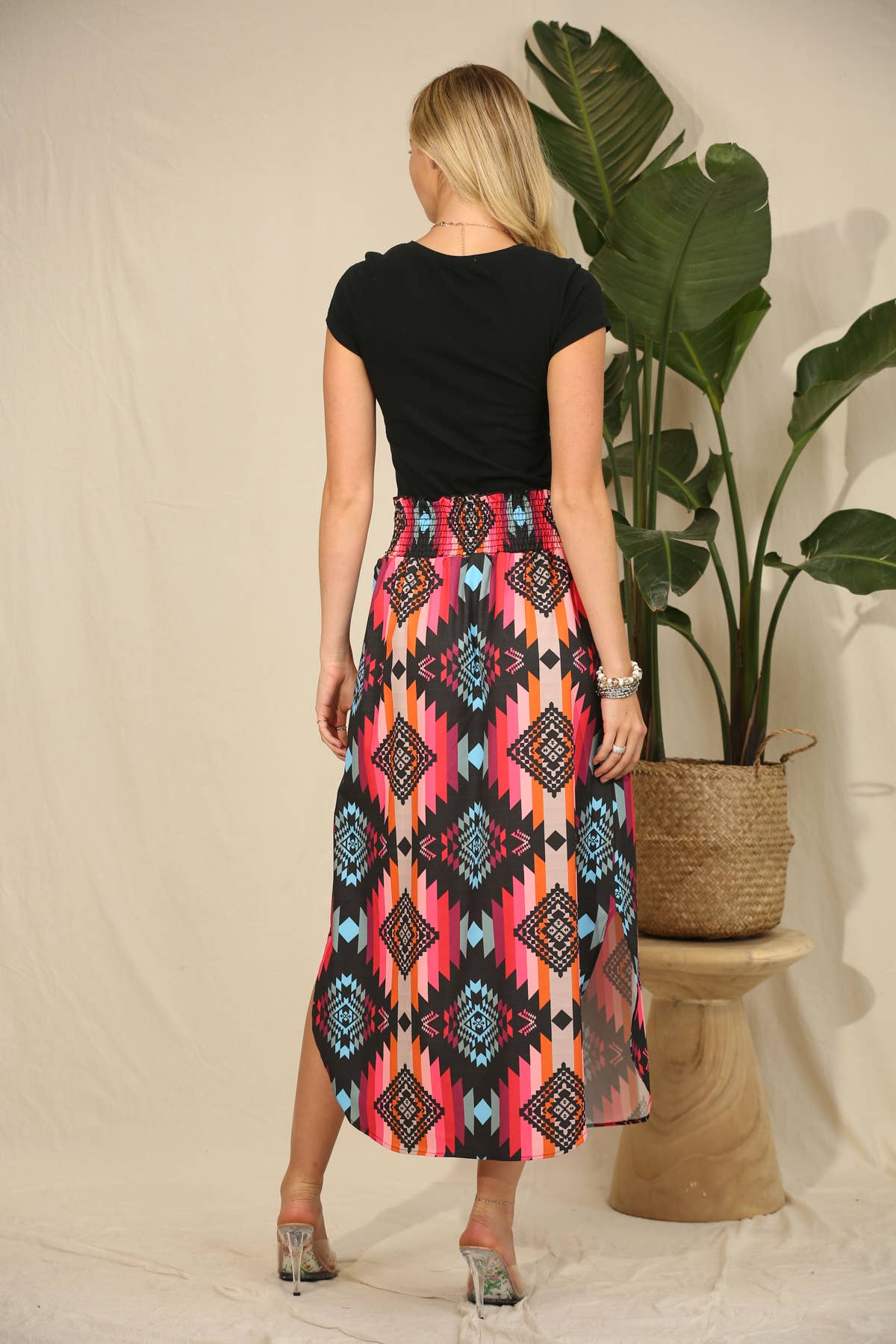 BLACK HOT PINK AV1213-ALANA AZTEC PRINT SMOCK WAIST MAXI SKIRT for wholesale on Faire8