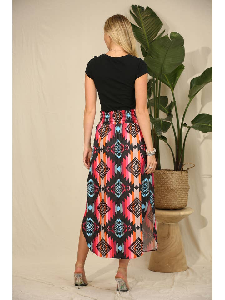 BLACK HOT PINK AV1213-ALANA AZTEC PRINT SMOCK WAIST MAXI SKIRT for wholesale on Faire8