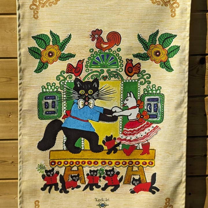 Folk Art Dancing Cats organic cotton tea towel for wholesale by Kapelki Art