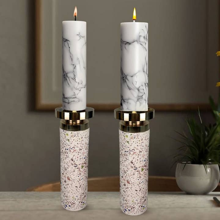 Aria Home – Engroshandel Lyseholder – Sæt med 2 guld cylinder lysestager - Moderne dekorative lysestager med splatter finish til middag