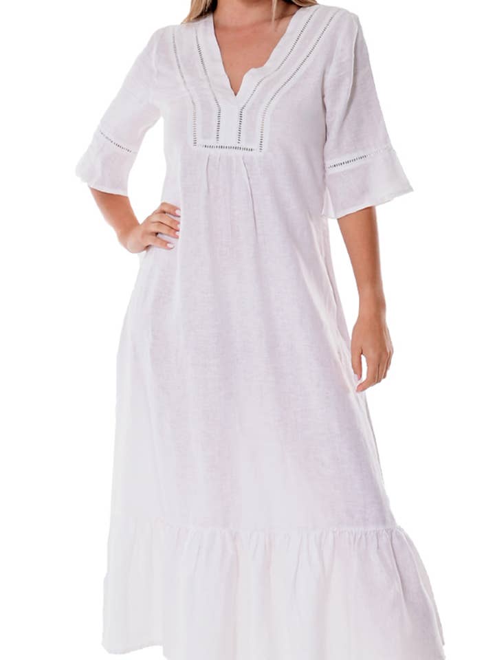 Ladies Linen Dress 3/4 Sleeves & Ruffled Hem Maxi by AZUCAR for wholesale by Azucar & Bohio