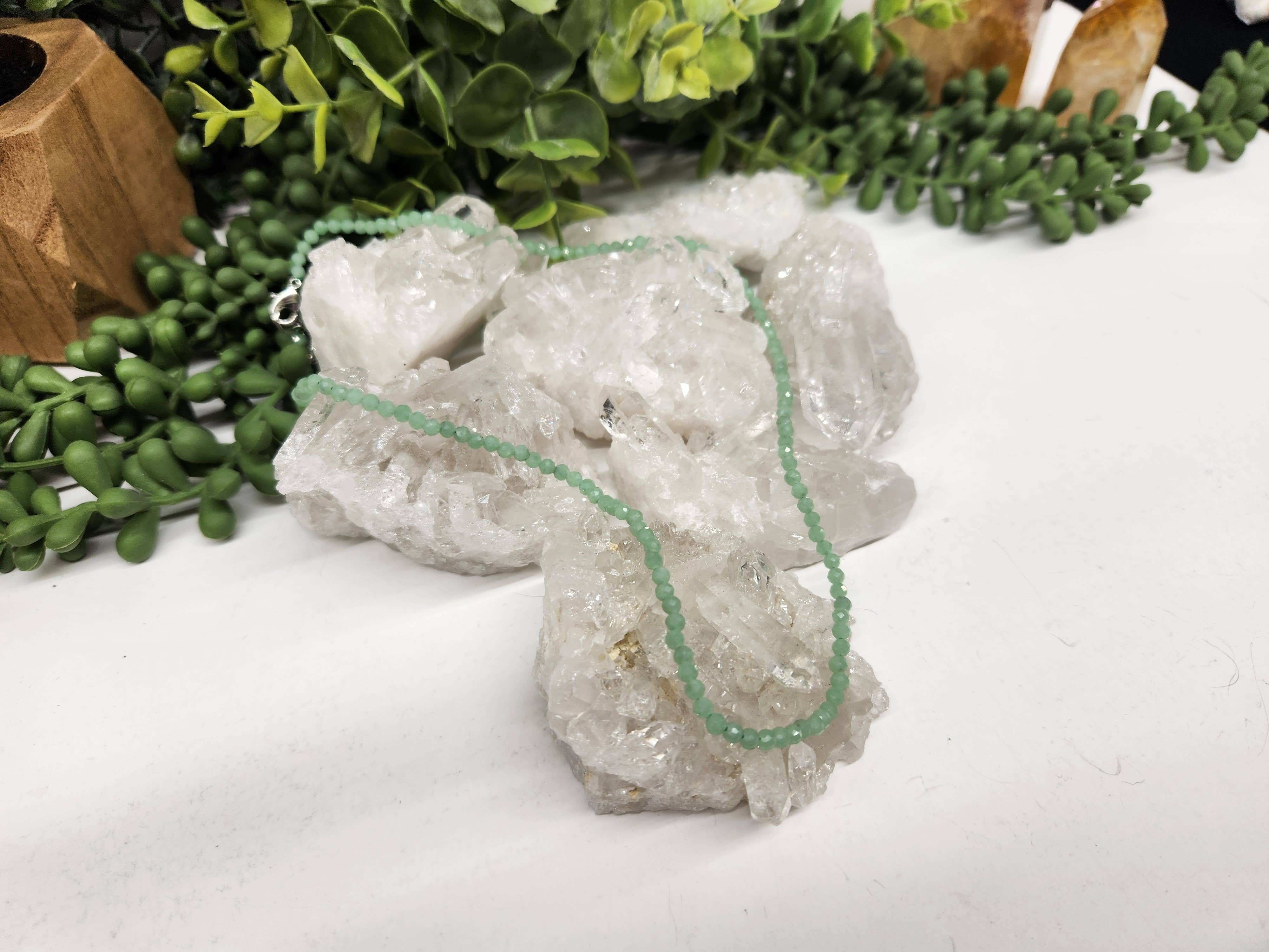 Meraki Gemstones - Wholesale Beaded/Pearl Necklace - Green Jade Faceted Necklace w/Silver Color Findings, 17"L2