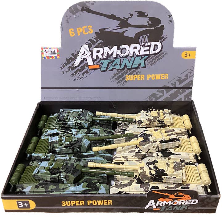 Camouflage Friction Tank Display Set of x6, Two Styles for wholesale by Texas Toy Distribution