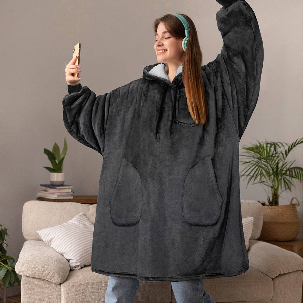 Pavilia - Wholesale Hoodie - Women's - Chest Pocket Sherpa Hoodie Blanket - Patch Pocket (Regular / Long)40