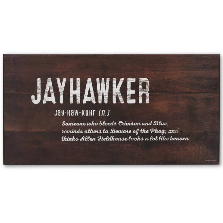 Open Road Brands, LLC - Wholesale Sign - University of Kansas Jayhawker Definition Rustic Wood Sign