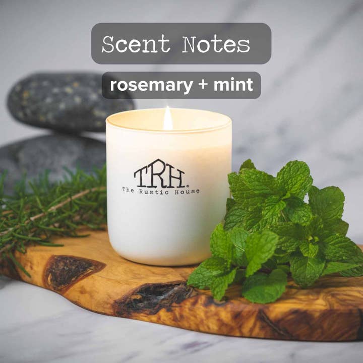The Rustic House - Wholesale Jar/Filled Candle - Rosemary + Mint | White Soy Candle + Gift Box | 8oz.