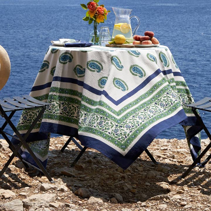 Cassis Blue & Green Tablecloth for wholesale by Couleur Nature