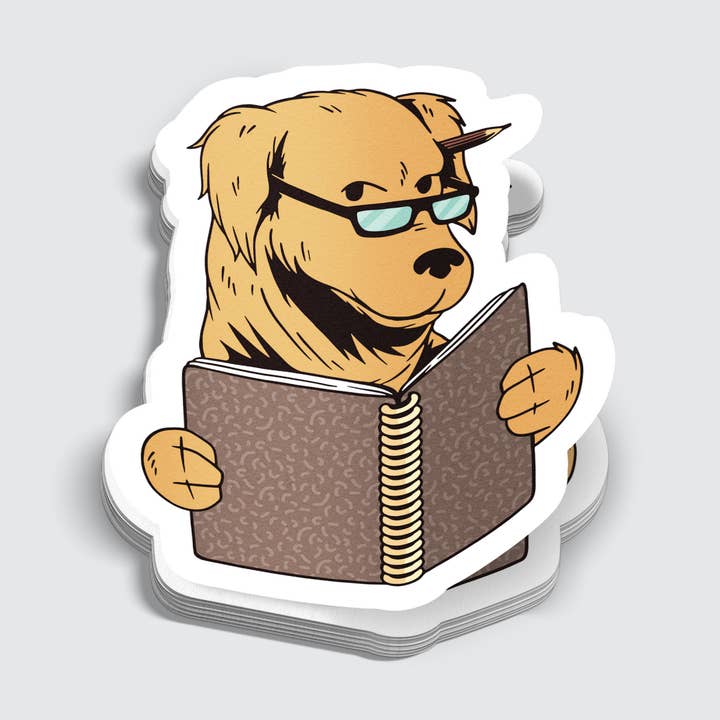 Golden Retriever Professor Reading Sticker - 3" for wholesale by Mimic Gaming Co