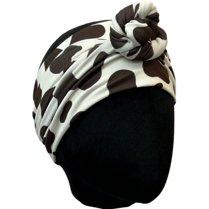 Braunes Stirnband mit Kuhmuster im Wickeldesign für den Großhandel von The Sassy Olive Handmade Headbands