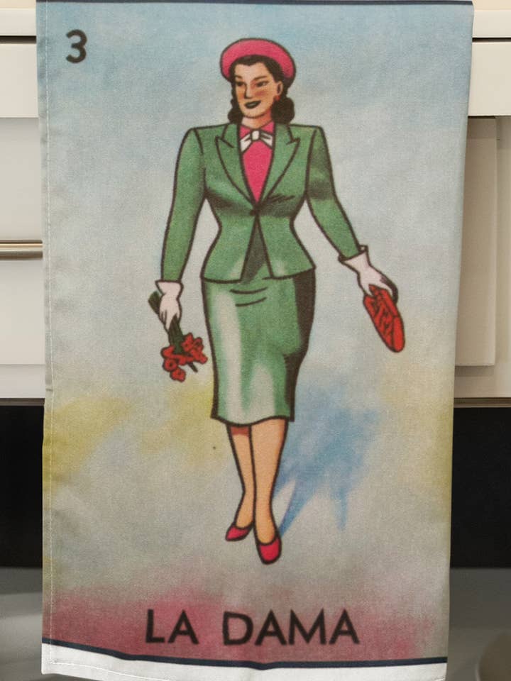 La Dama Loteria Woman Organic Retro Kitchen Towel for wholesale by Acme. Baby Co. LLC