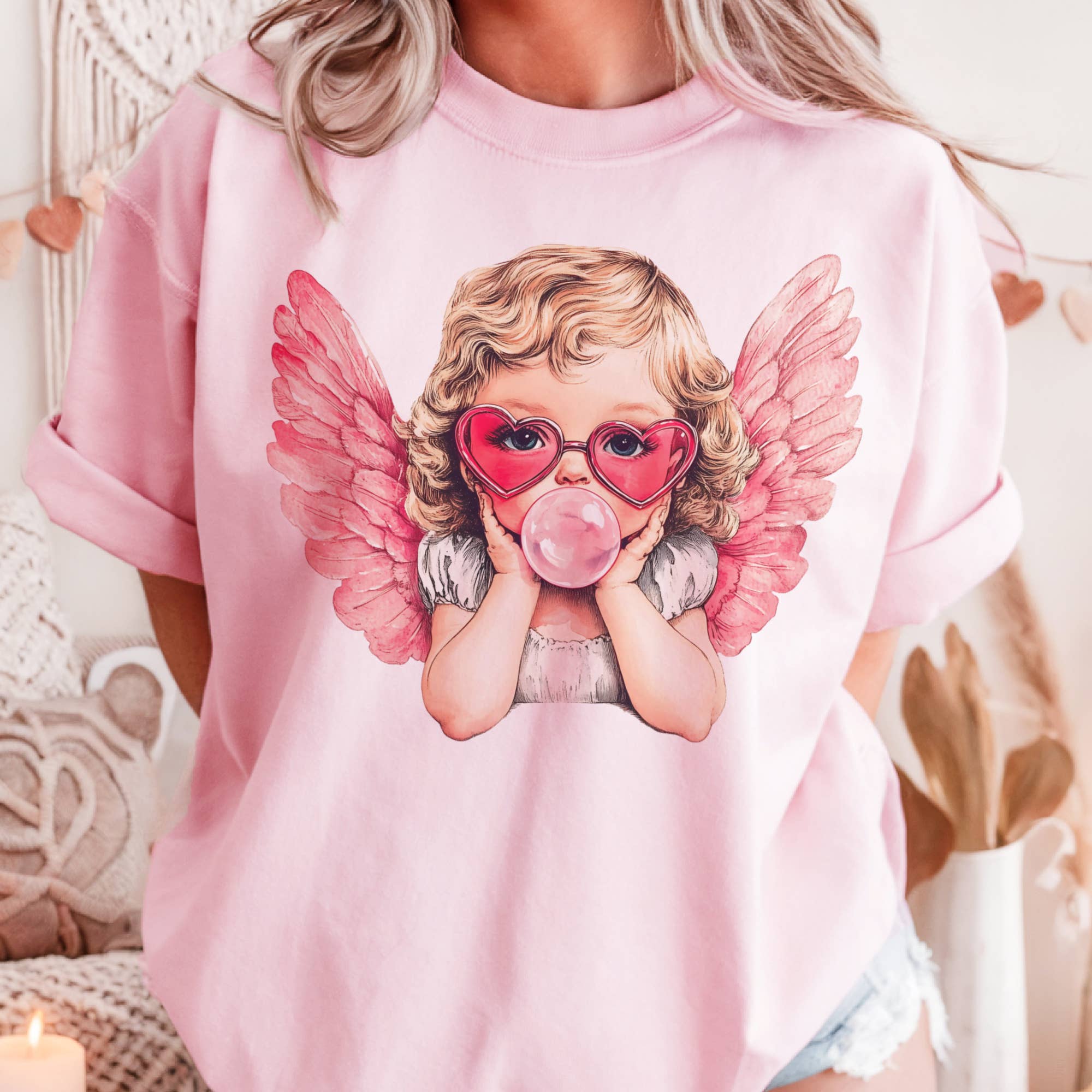 Par.tees by Party On! – wholesale T-shirt med logga - Dam – Alla hjärtans dag Bubbelgum Ängel Retro Amor Grafisk T-shirt