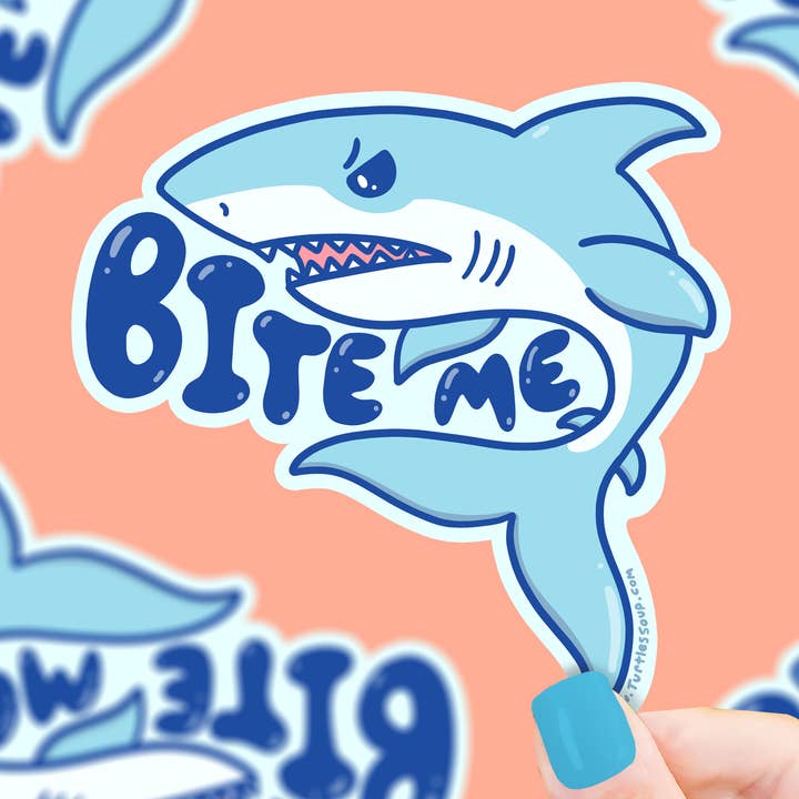 Bite Me Shark Vinyl Sticker for wholesale by Turtle's Soup