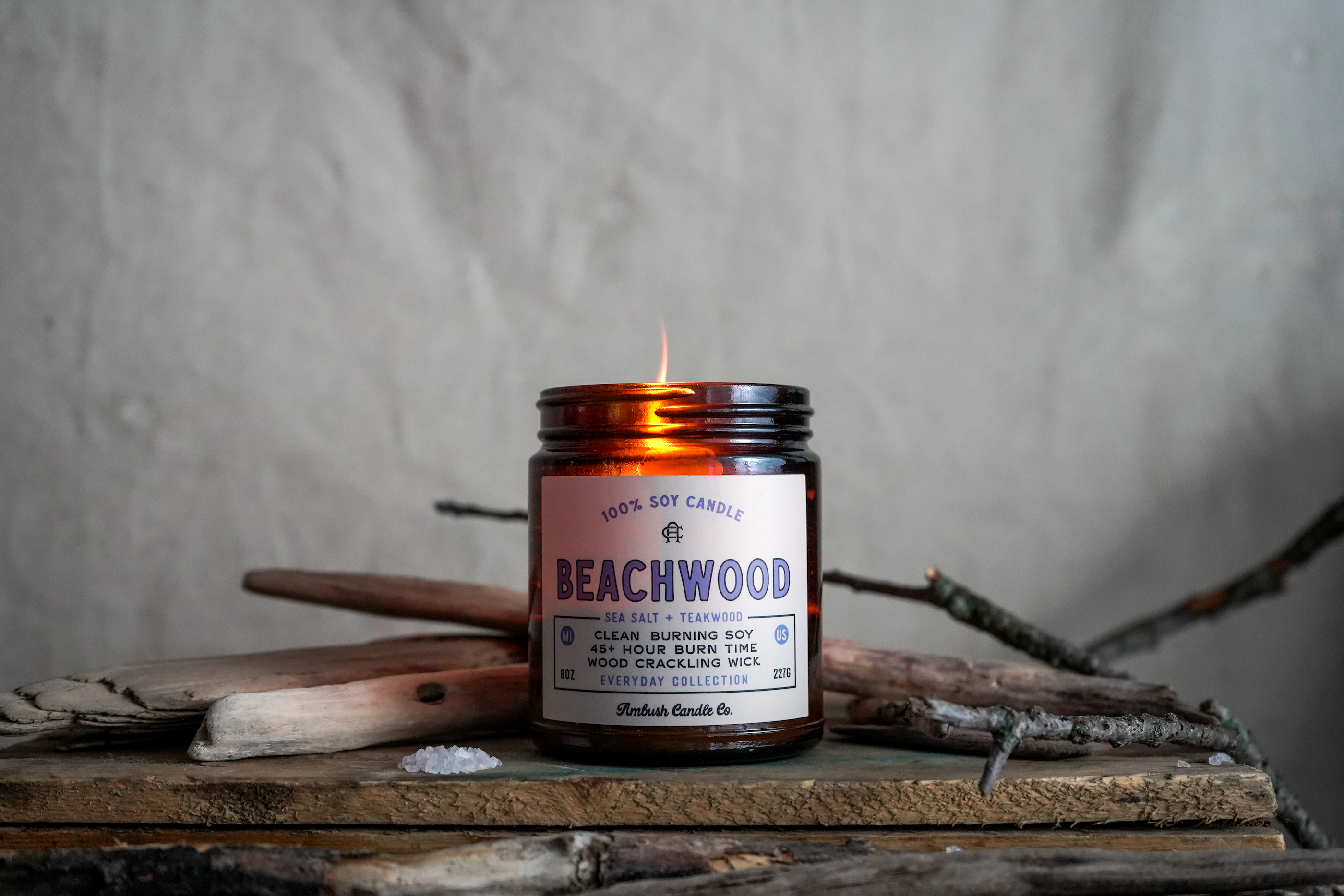 Ambush Candle Co. - Wholesale Jar/Filled Candle - Beachwood | Sea Salt + Teakwood 8oz Soy Candle1
