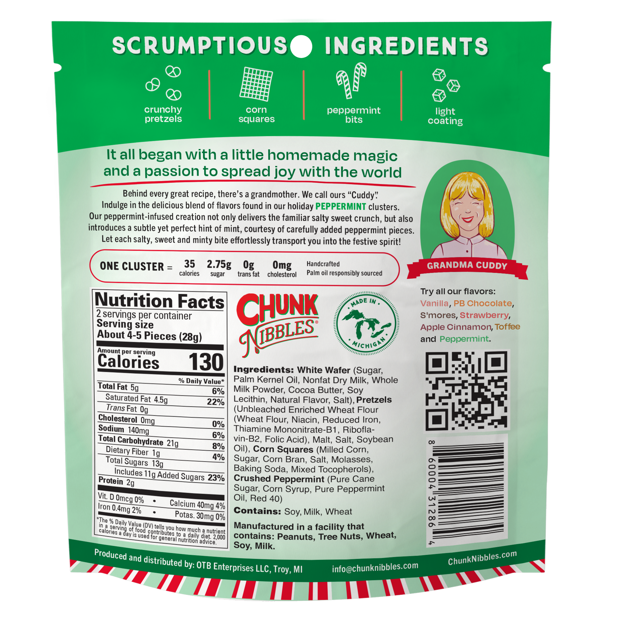 Chunk Nibbles – wholesale Pretzels – Holiday Peppermint Chunk Nibbles 2oz Snack Pack6