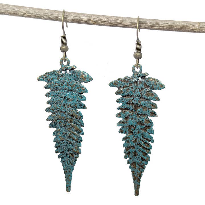 Antieke bronzen patina oorbellen met lange bladeren voor wholesale door Stylish Jewelry Supply