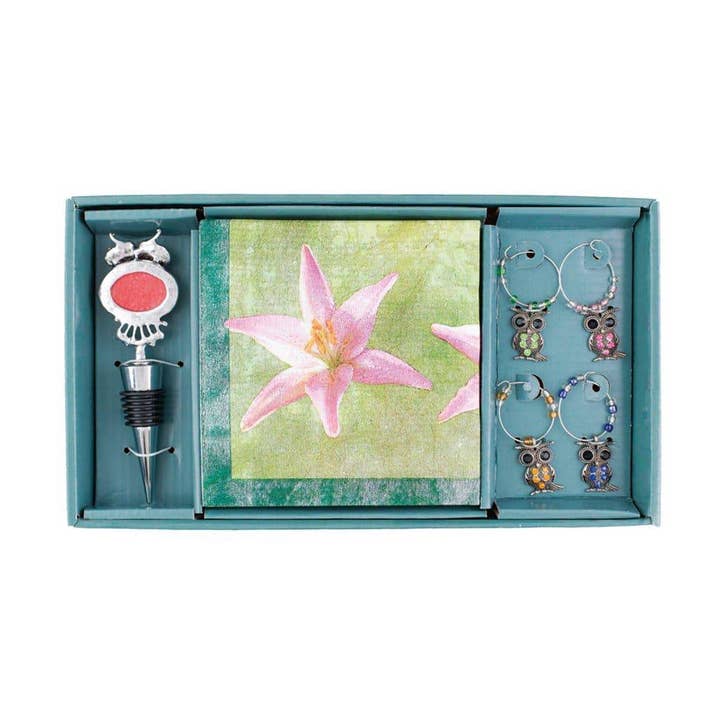 COFFRET CADEAU : Bouchon à vin déco ; 4 Marque-verres ; Serviettes déco -- CHOUETTE pour la vente par Peterson Houseware & Artwares US
