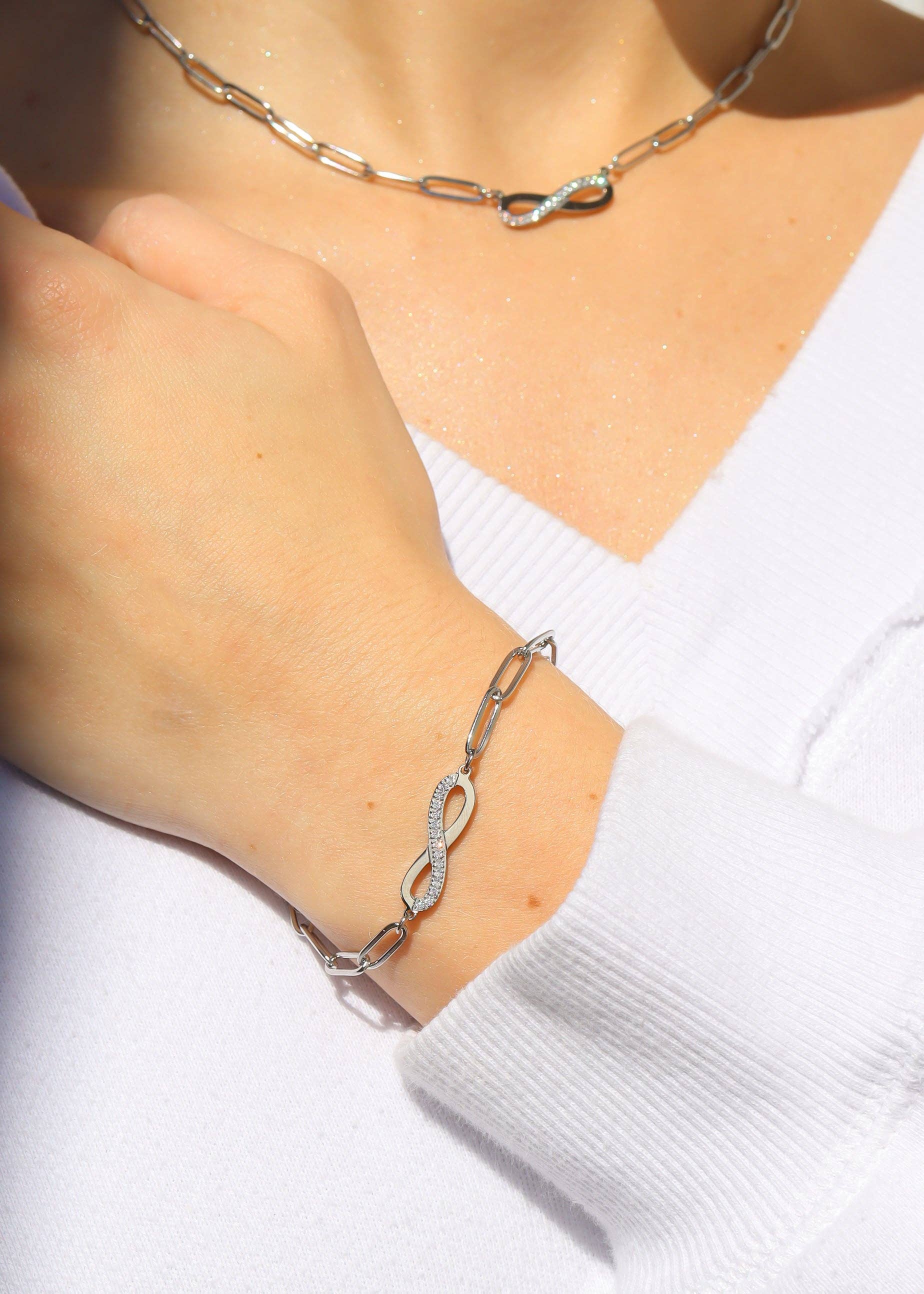 WJW - Wholesale Link & Chain Bracelet - 18K Gold PVD Stainless Steel Stone "Infinity" Paperclip Chain Bracelet2
