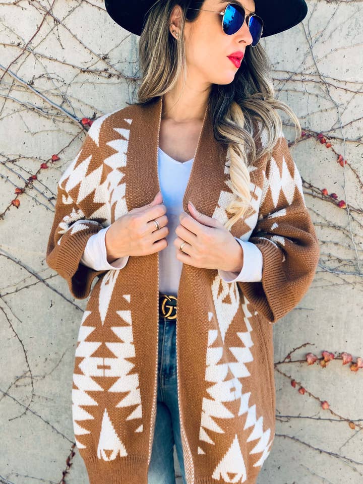 Caramel Open Front Aztec Printed Knitted Cardigan for wholesale on Faire