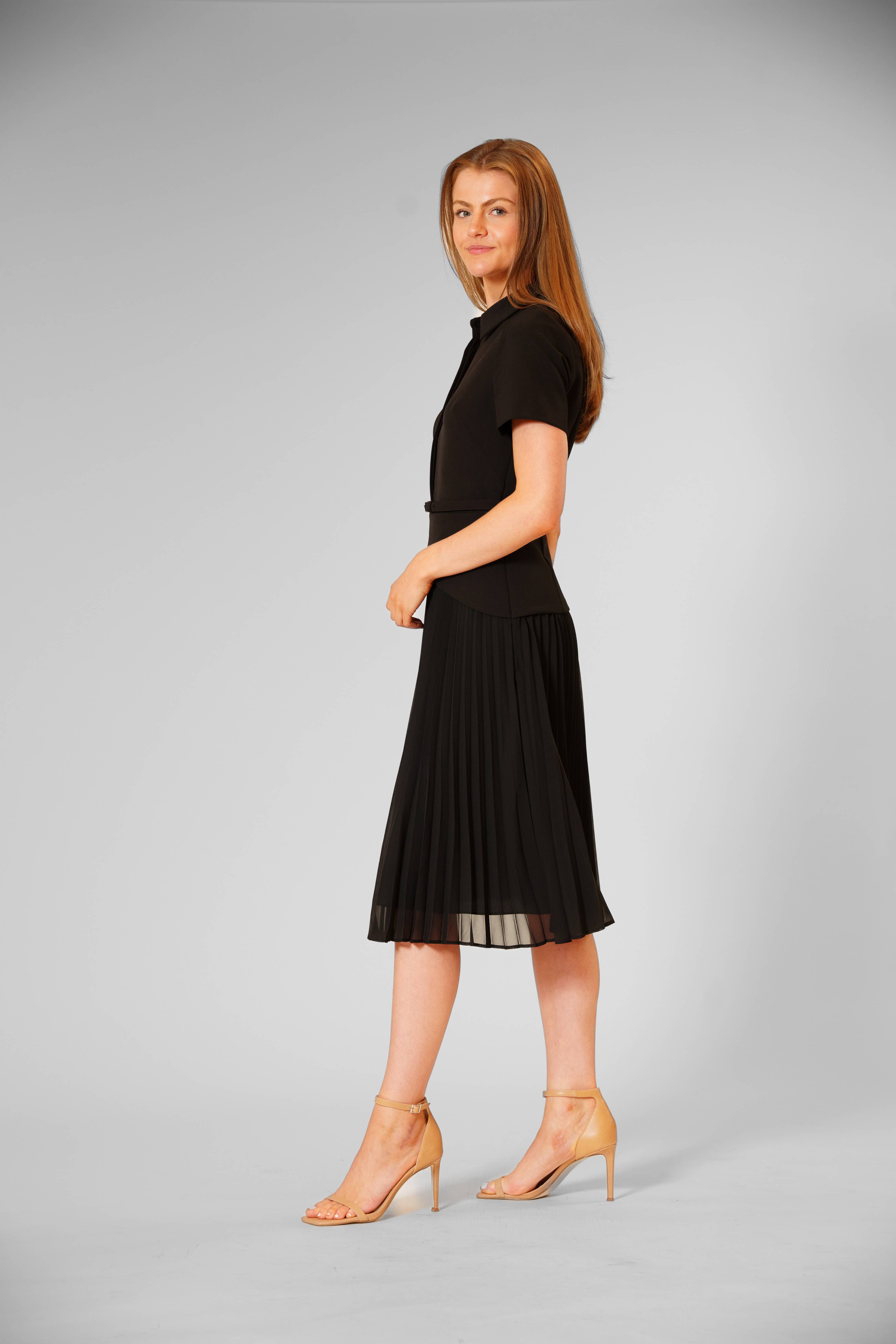 Black COLLARED MIX MEDIA PLEATED SHIRT DRESS for wholesale on Faire1