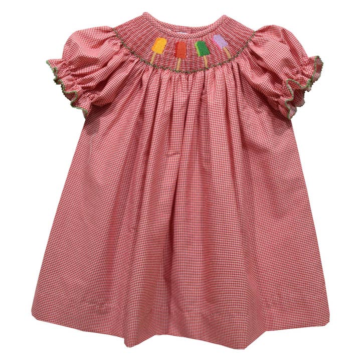 Popsicles Smocked Red Cardinal Short Sleeve Girls Bishop for wholesale by Vive La Fete