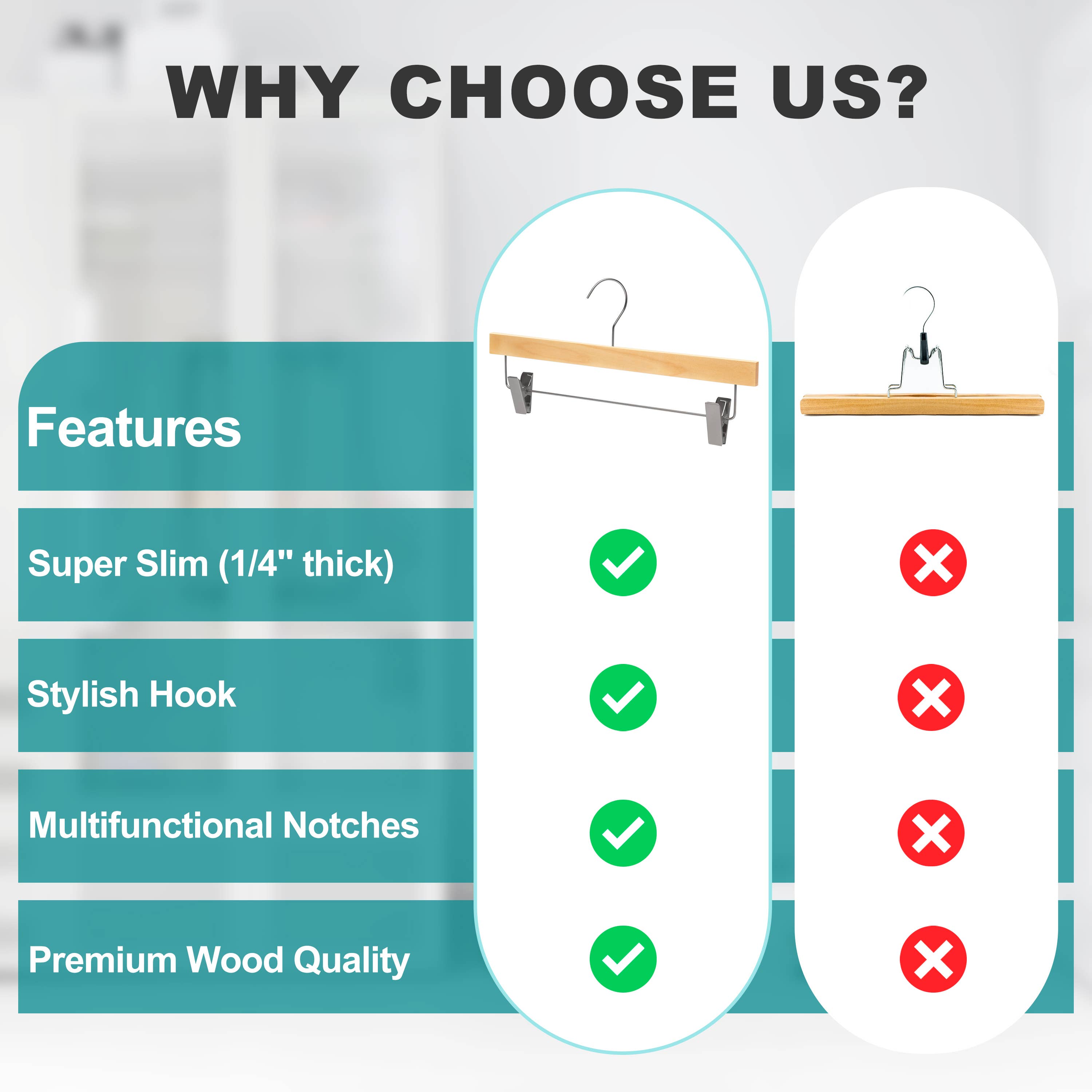 Quality Hangers - Wholesale Kleerhangers - WS72 Ultra Slim Rok Broek Hangers + Clips Natuurlijk — 200 Stuks3