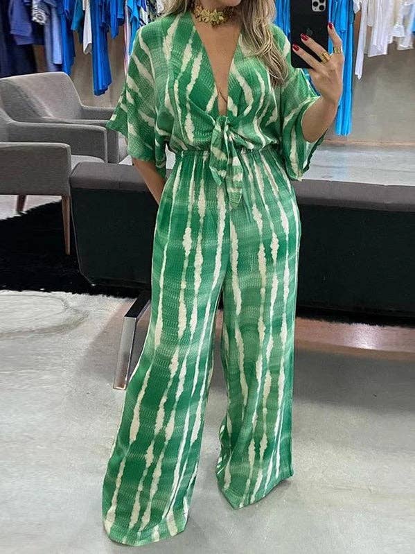 Loose Plus Size Printed Split-Joint Deep V-Neck Jumpsuits for wholesale by StyleGalX