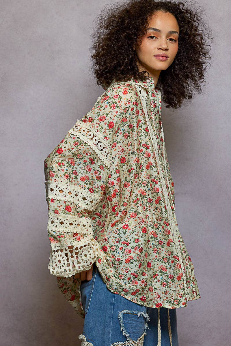 Pol Clothing - Wholesale Button Down Shirt - Women's - Balloon Sleeve Trim See-through Floral Printed Shirt Top2