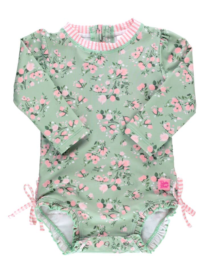 Vert Maillot de bain une pièce à manches longues avec roses de thé pour bébé fille et volants arrière signature en vente sur Faire