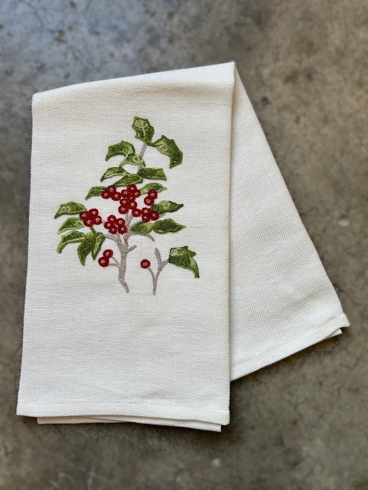 White HOLLY - EMBROIDERED TEA TOWEL WITH TWO STRAWBERRIES for wholesale on Faire0