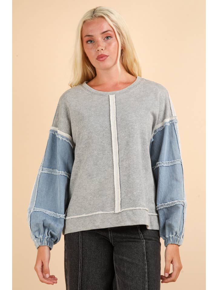 VERY J - Wholesale Knit Top - Women's - NT11776-Acid Washed Oversized Denim Sleeve Casual Top