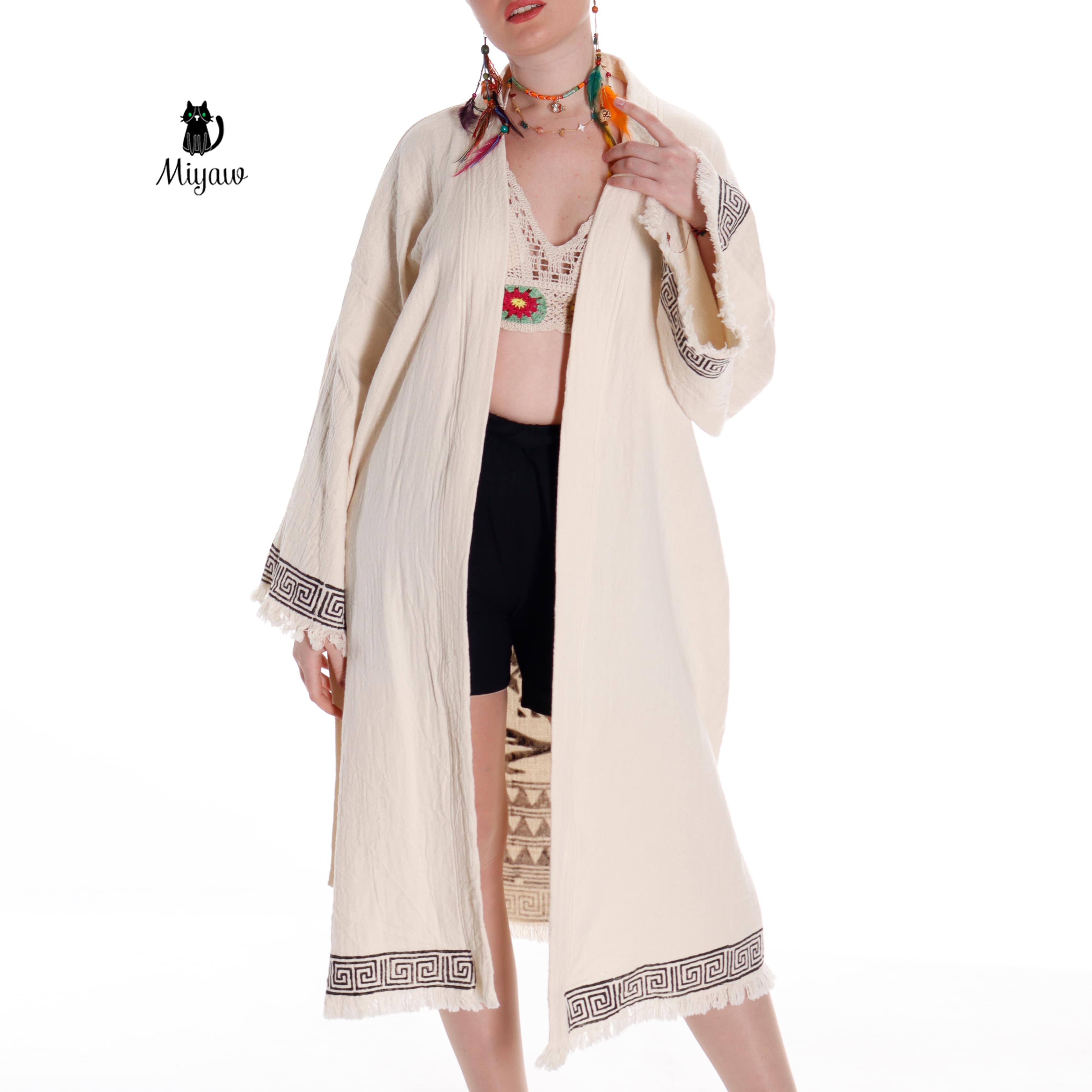 Beige Boho Style Greek Stamped Beach Kimono - Handcrafted Bohemian Bathrobe for wholesale on Faire4