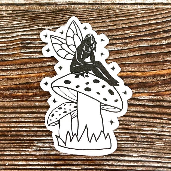 Pensive Fairy Sitting on a Mushroom, Die Cut Vinyl Sticker, Boho Fun, Water Resistant, Toadstool Fungi |Sticker or Magnet for wholesale by Handmade by Marlayna