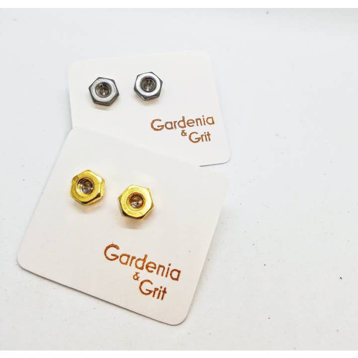 Earrings - Stud - Nut - Stainless Steel - Solid Brass - Industrial Chic for wholesale by Gardenia & Grit