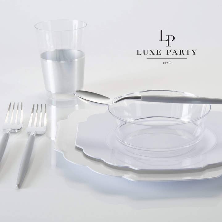 Luxe Party - Wholesale Disposable Plate - Scalloped Clear Base Silver • White Plastic Plates | 10 Pack