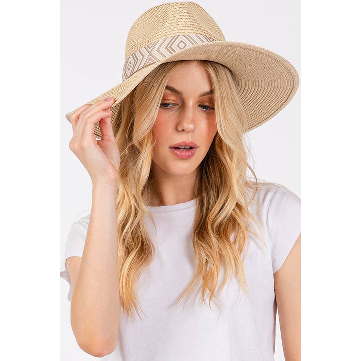 Hana - Wholesale Straw Hat - Women's - Aztec Tribal Pattern Band Straw Summer Sun Hat