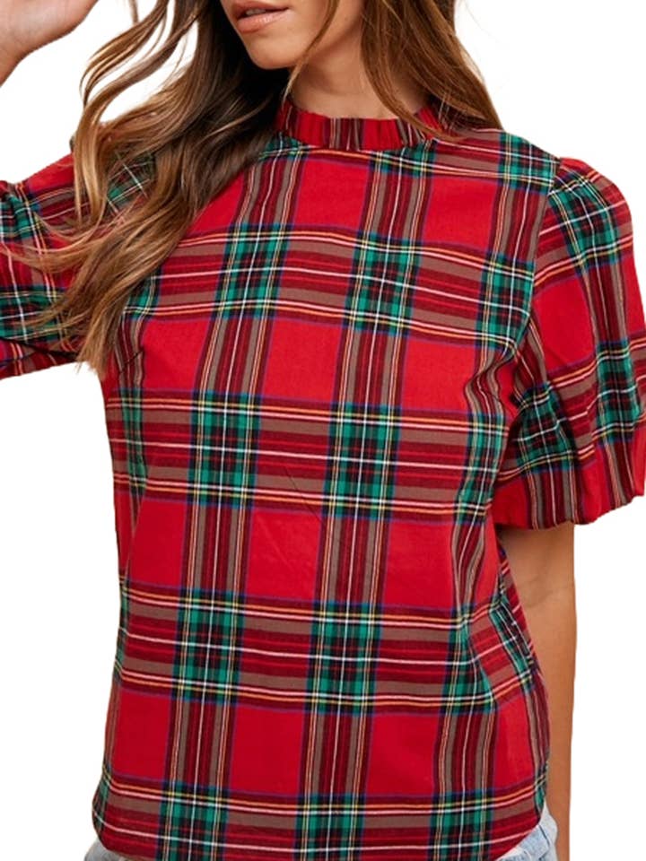 Blouse à carreaux à col montant et manches bulles pour la vente par Vanilla Monkey