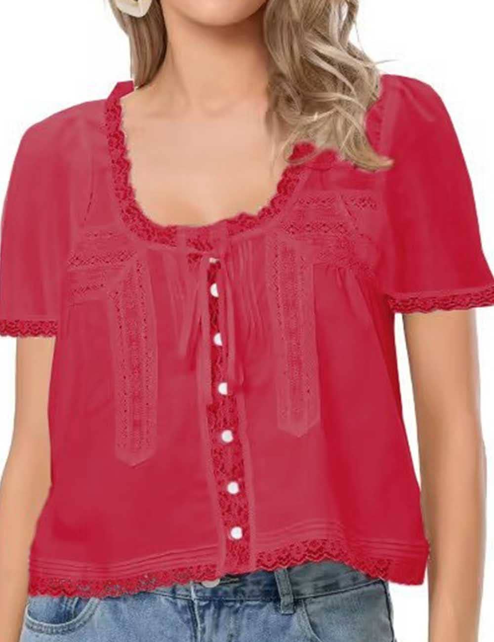 Sweetkama - Wholesale Blouse - Women's - Ladies Solid Color Square Neck Lace Front Tie Top6