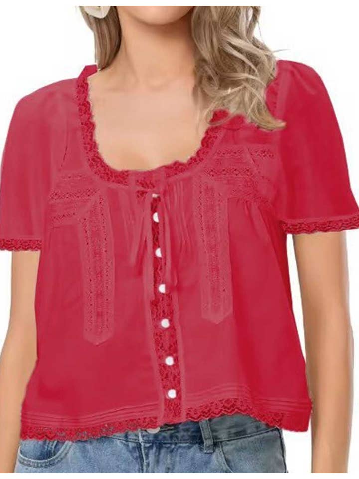 Sweetkama - Wholesale Blouse – Women’s - Ladies Solid Color Square Neck Lace Front Tie Top6