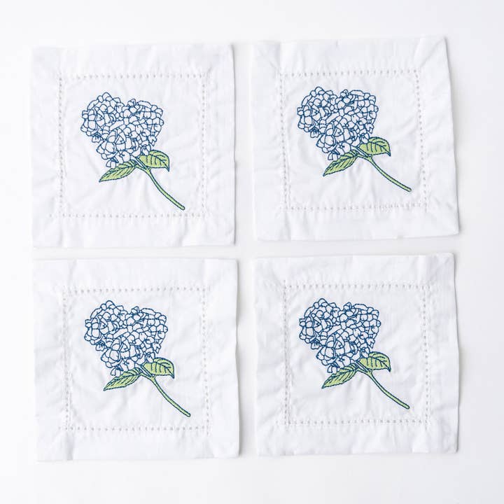 Hydrangea Stem Embroidered Cocktail Napkin Set for wholesale by 8 Oak Lane