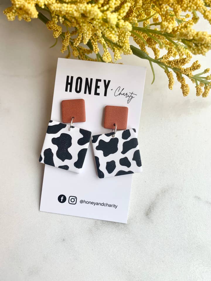 Pendientes Colgantes de Estampado de Vaca Cuadrado para venta al por mayor de Honey & Charity Earrings