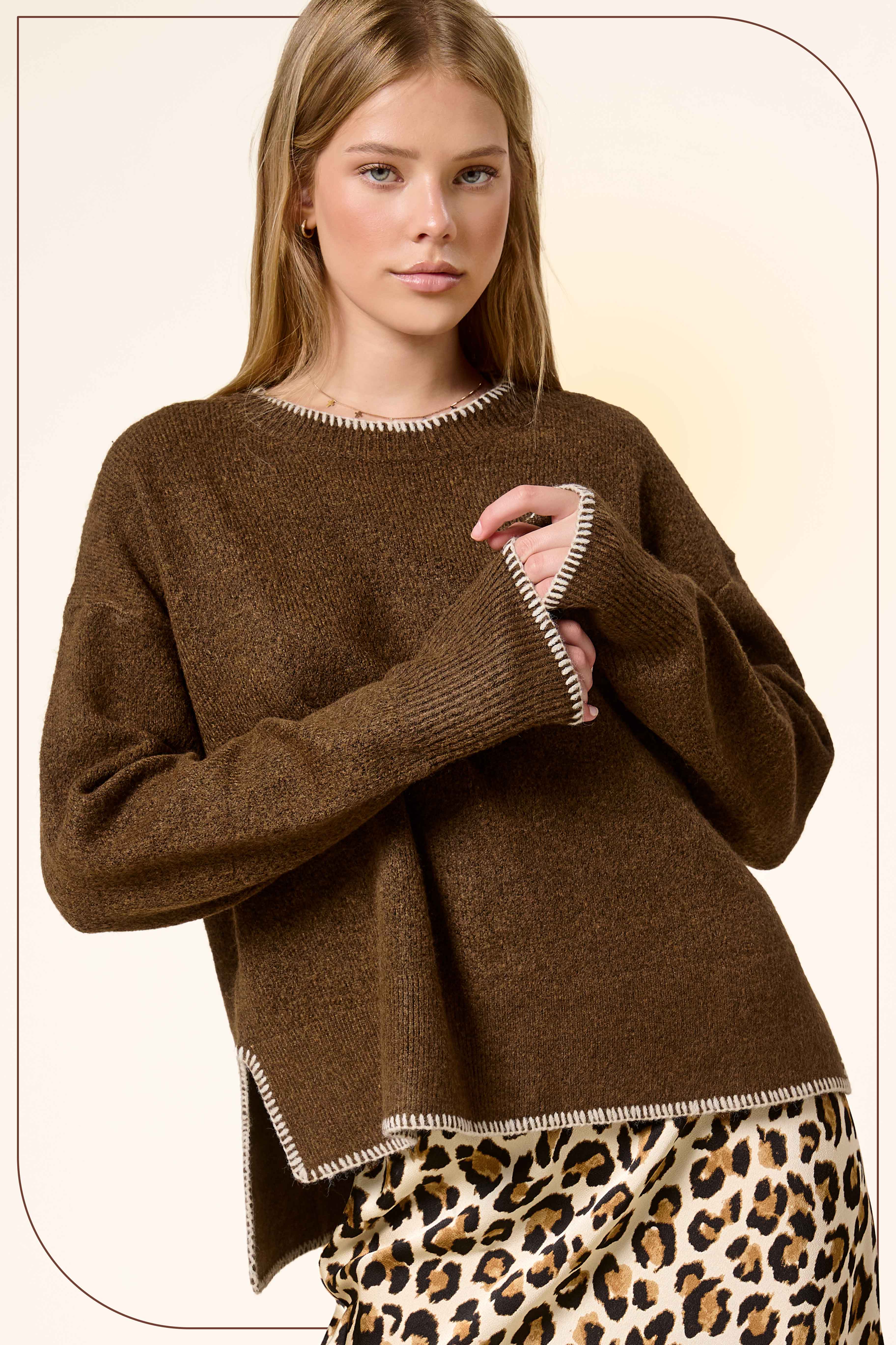 La Miel - Wholesale Knit Sweater - Women's - JDS3607-Hi-Low Crew Neck Sweater W/ Contrast Blanket Stitch25