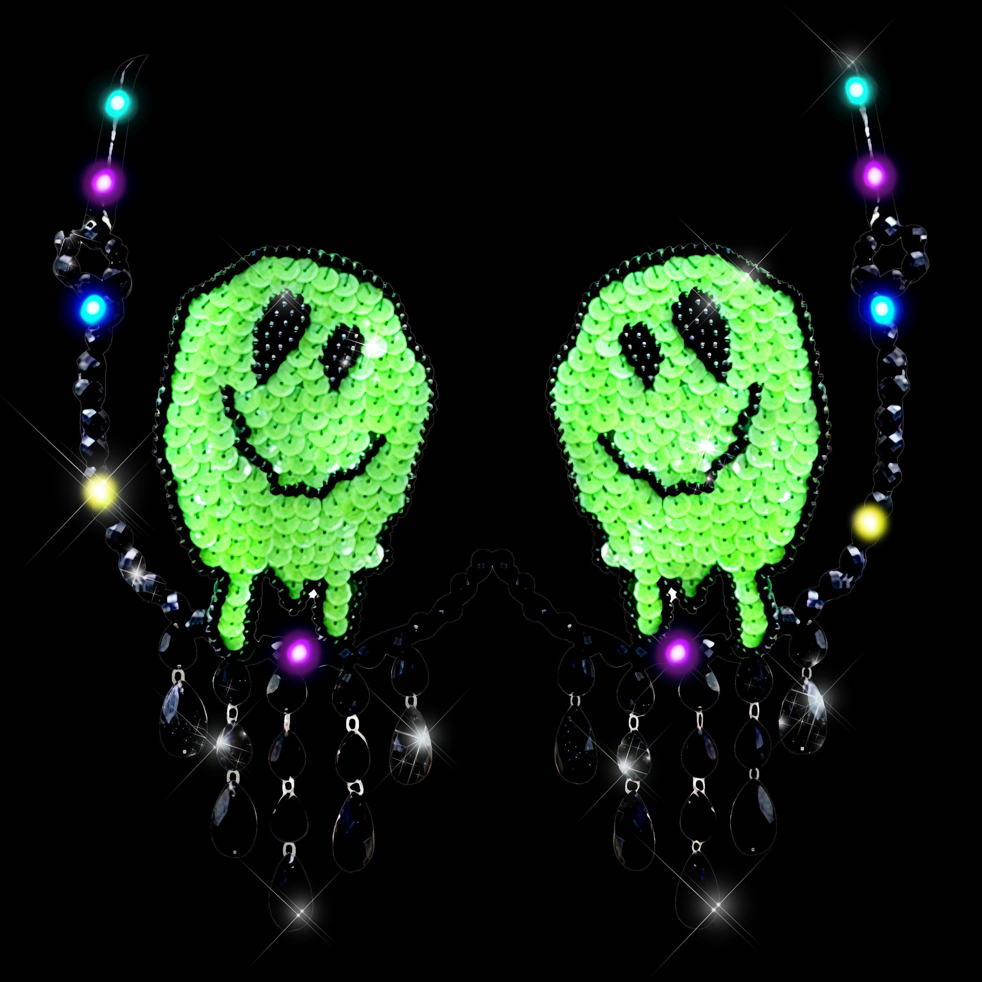 Melty Face Green Glow In The Dark Light Up Sequin Crystal Carnival Bra for wholesale on Faire1