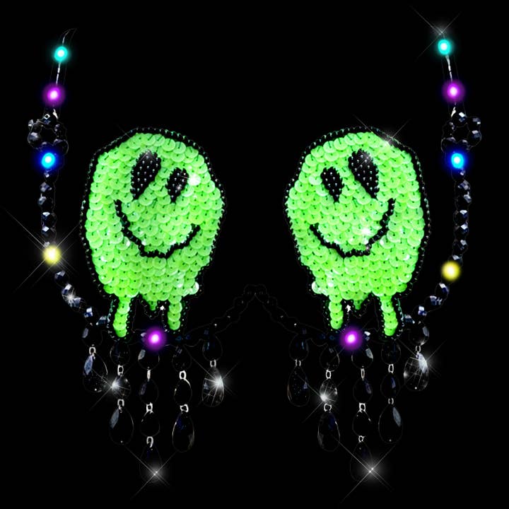 Melty Face Green Glow In The Dark Light Up Sequin Crystal Carnival Bra for wholesale on Faire1