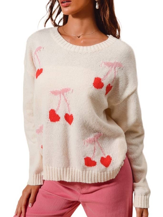 Heart Cherry Knitted Valentine Sweater Top for wholesale by Vanilla Monkey
